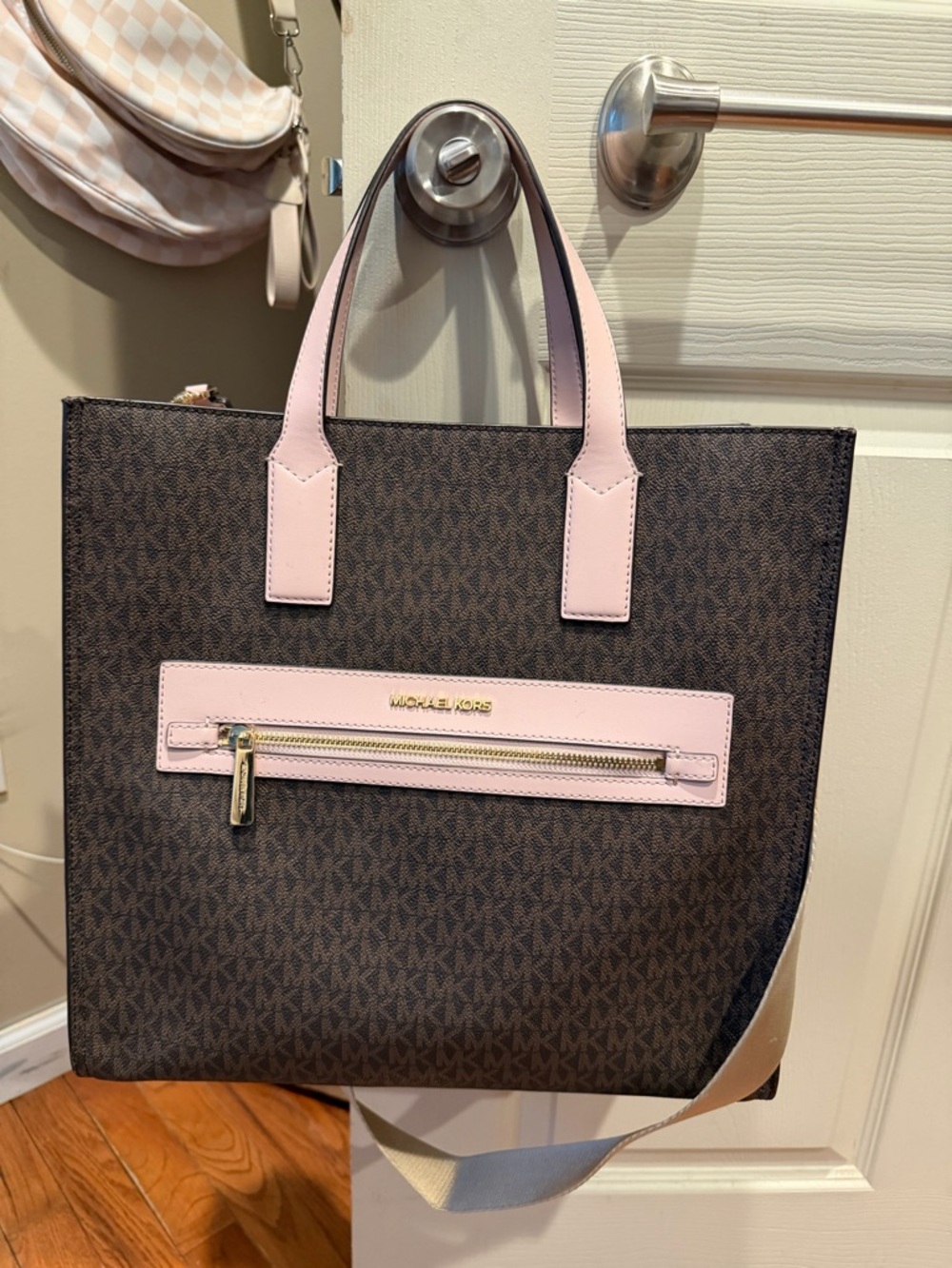 Michael Kors Brown Tote with Light Pink Trim and Front Zip